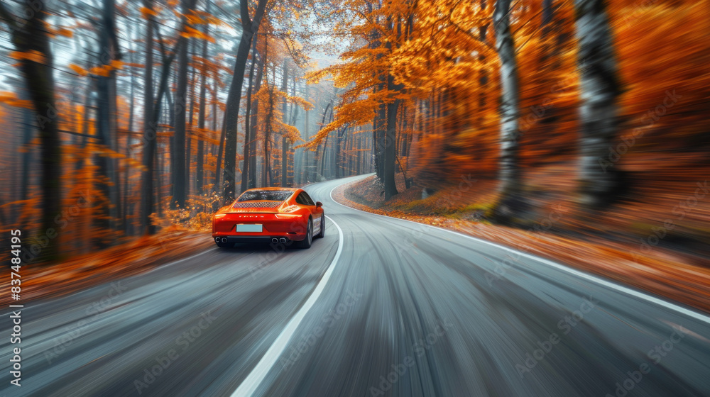 Wall mural Amongst the autumn foliage, a car zooms with a motion blur effect on the road