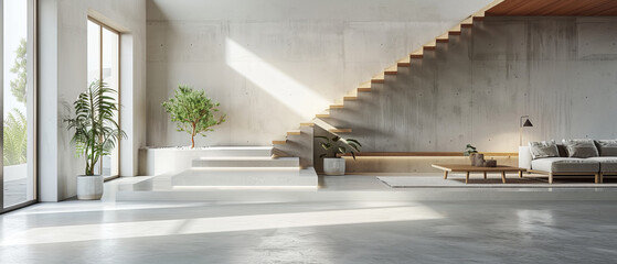 Fototapeta premium Hyperrealistic view of a simple minimalist interior with beton concrete floor, modern furnishings, white walls, and wooden staircase, studio lights