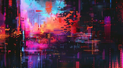 A colorful cityscape with a lot of dots and squares