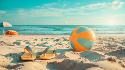 Obraz premium Flip-flops, beach ball and snorkel on the sand. Summer vacation concept