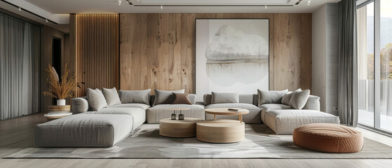 Large poster in a lightfilled contemporary living room with gray and light wood elements