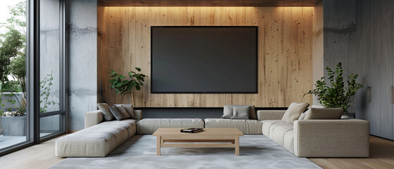 Light wood and gray minimalist living room with a large poster