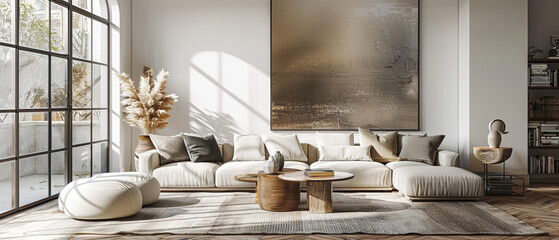 Lightfilled contemporary living room with a large wall poster and neutral gray and light wood elements