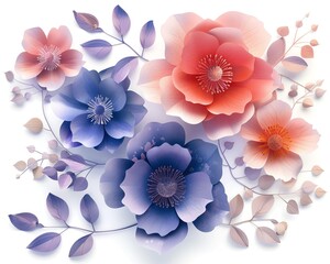 Elegant watercolor flowers in shades of red, blue, and purple with delicate leaves. Perfect for floral designs and backgrounds.