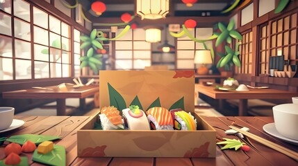 Japanese bento box, sushi nigiri with salmon tuna in lunch box, oriental food background, healthy Japanese culture seafood, modern 3D digital art cartoon illustration, asian restaurant advertisement.