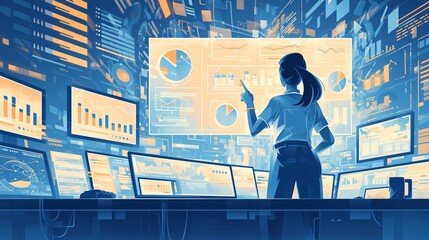 A 3D cartoon businessperson pointing at a large screen displaying data analytics in a tech-savvy office,Generative AI illustration.
