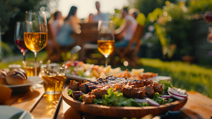 Backyard afternoon snack table with grilled BBQ meat. salads, wine, outdoor dining, festive atmosphere, and joyful people in background