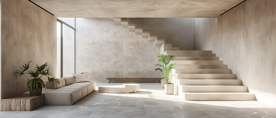 Minimalist interior design with beton concrete floor, modern furniture, white walls, and wooden staircase, illuminated by studio lights