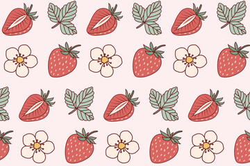 Strawberry pattern background. Seamless pattern with strawberries and flowers for banners, cards, flyers, social media wallpapers