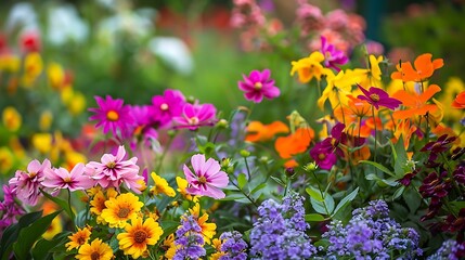 Obraz premium a colorful array of flowers, including purple, pink, yellow, and orange blooms, arranged in a row from left to right