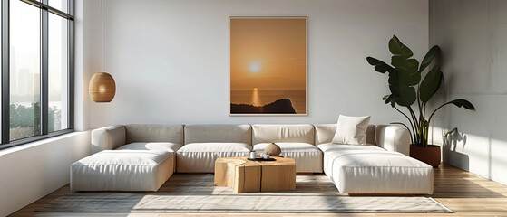 Minimalist urban living room featuring a large poster and neutral gray and light wood tones