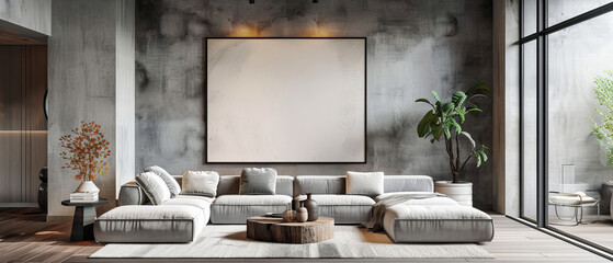 Minimalist urban living room featuring a large poster and neutral gray and light wood tones