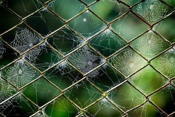 Spider web on a rusty wire on a rainy day