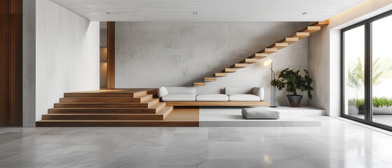 Modern and simple interior design with beton concrete floor, contemporary furniture, white walls, and wooden staircase, studio lights