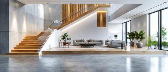 Fototapeta premium Modern and spacious interior with nonreflecting beton concrete floor, sleek furniture, white walls, and wooden staircase, studio lighting