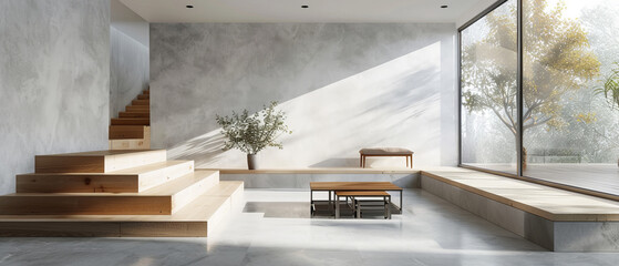 Modern interior with nonreflecting beton concrete floor, contemporary furniture, white walls, wooden staircase, and studio lights