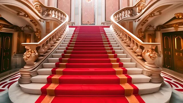 Grand Staircase with Red Carpet in Luxurious Mansion with Ai generated.
