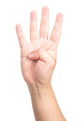 Male hand show finger number four isolated on white background.
