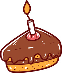 Slice of cake with candle, hand-drawn birthday icon.