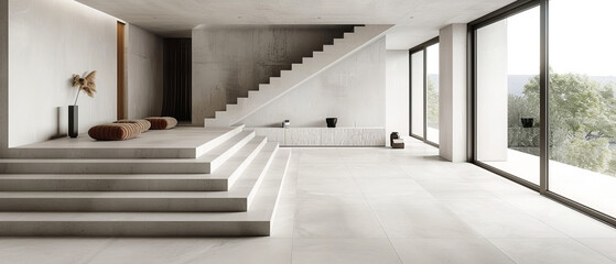 Obraz premium Panorama of a simple interior featuring nonreflecting beton concrete floor, stylish furniture, white walls, and a wooden staircase, studio lighting