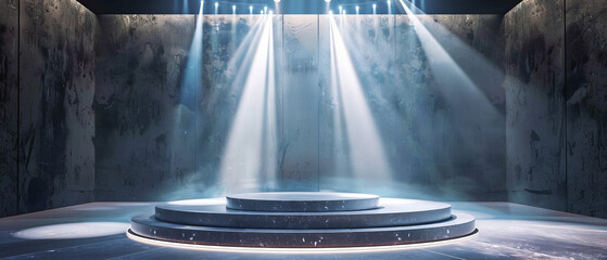 Podium showcase with a detailed product under bright lights