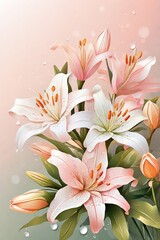 Fototapeta premium Cluster of Lilies with Soft Gradient Background and Dew Drops