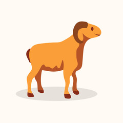 vector illustration depicts a goat in orange and brown colors. The goat has curved horns, a short tail, and a smiling facial expression