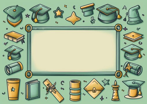 Graduation-themed Illustrated Frame with Caps, Diplomas and Books for Celebratory or Educational Use in Green and Gold Tones
