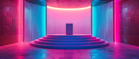 Sharp image of a podium in a gallery setting with a brightly lit display