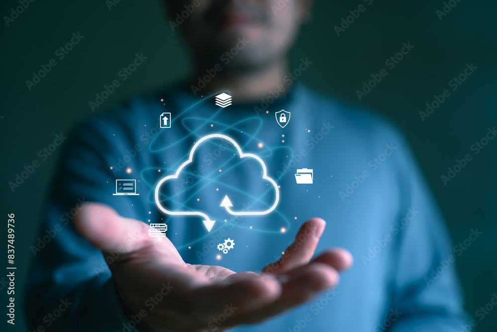 Poster Businessman with cloud computing diagram show on virtual screen. Cloud technology. Data storage. Networking and internet service concept.