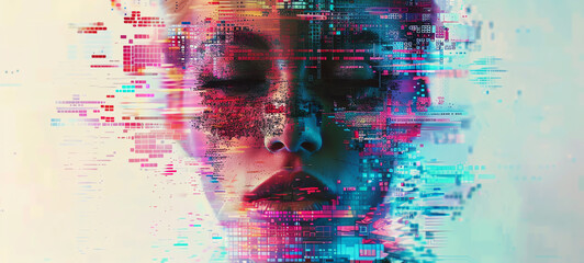 Digital noise in photography, grainy texture, distorted colors, front view, demonstrating artistic digital disruption, technology tone, Analogous Color Scheme.