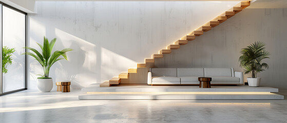 Fototapeta premium Simple and modern interior with beton concrete floor, sleek furniture, white walls, and a wooden staircase, illuminated by studio lights