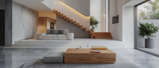 Simple and spacious interior with nonreflecting beton concrete floor, contemporary furniture, white walls, and a wooden staircase, studio lights