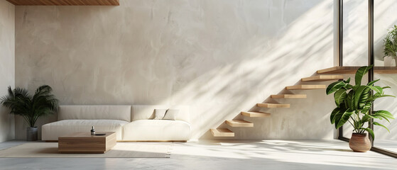 Simple interior design featuring a nonreflecting beton concrete floor, modern furniture, white walls, and a wooden staircase, with studio lighting