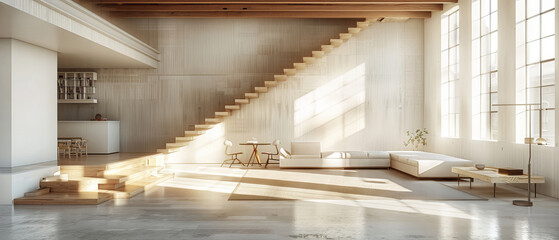 Simple modern interior featuring nonreflecting beton concrete floor, sleek furniture, white walls, and a wooden staircase, studio lights