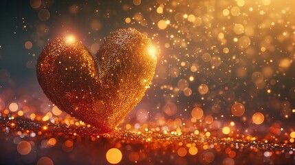 AI-generated illustration of Heart on golden sparkling background with lights and sparkle