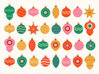 Vector set of Christmas tree ornaments isolated on white background. Colorful vivid Christmas balls in red, green, gold and pink colors.