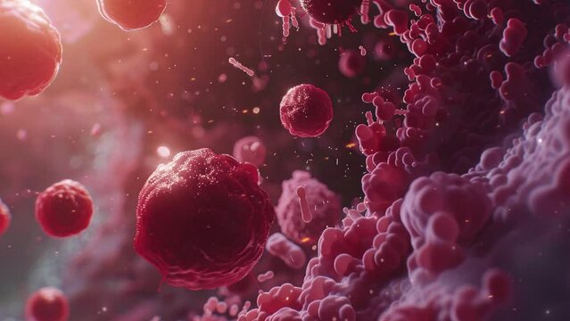 Tumor microenvironment concept with cancer cells, T-Cells, nanoparticles, cancer associated fibroblast layer of tumor microenvironment normal cells, molecules, and blood vessels 3d rendering, 4K