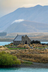 Church of the Good Shepherd and mountain range, Lake Tekapo, Canterbury, New Zealand. © Zenstratus