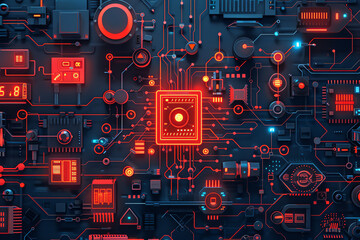 Fototapeta premium Firewall in network diagram, secure connections, organized layout, top view, demonstrating network protection, technology tone, Analogous Color Scheme.