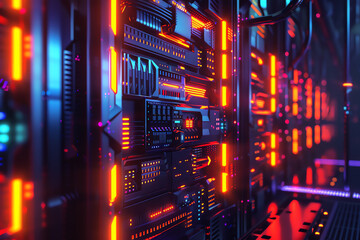 Obraz premium Firewall protecting server, glowing barriers, digital fortification, front view, highlighting robust security measures, futuristic tone, Complementary Color Scheme.