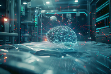 Obraz premium Neural network in medical diagnostics, analyzing patient data, healthcare technology, front view, highlighting precision medicine, futuristic tone, Complementary Color Scheme.