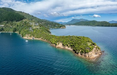 Fototapeta premium Ocean, headlands at Karaka Point, Picton, Marlborough, New Zealand.