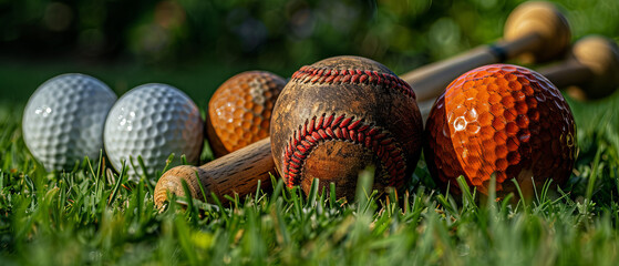 Summer sports gear including baseball bats and golf balls on a grassy area