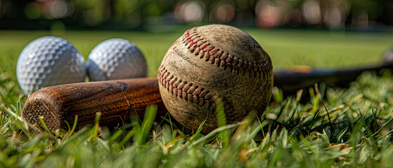 Summer sports gear including baseball bats and golf balls on a grassy area