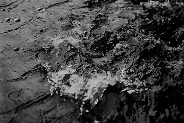 Fototapeta premium A black and white close-up photo captures a stream of water creating bubbles on the surface.