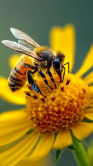 Fototapeta premium a bee is on a yellow flower to collect honey