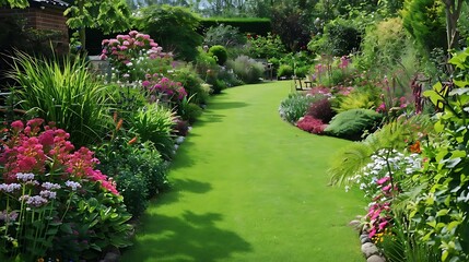a serene garden scene featuring a wooden bench surrounded by a variety of colorful flowers, including pink, purple, and white blooms, set against a backdrop of lush green grass