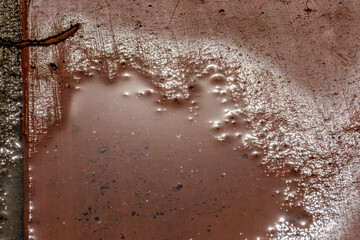 The reflections of the morning sun in a rain puddle on a traditional clay floor, in a farm in the...