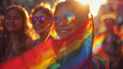 Fototapeta premium Kids with Rainbow Flags at Pride Parade. Children joyfully waving rainbow flags at a Pride parade, representing the next generation of LGBTQ pride and inclusivity.